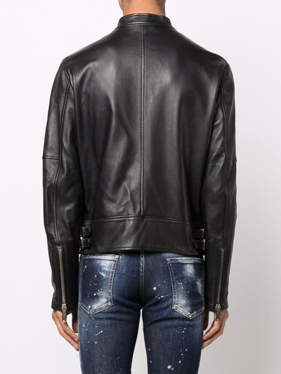 Dsquared2 Black Biker Jacket With Mandarin Collar And Waist Straps In Leather Man In Black