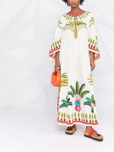 La Doublej Flying Palm Tree-print Poplin Kaftan Dress In Weiss