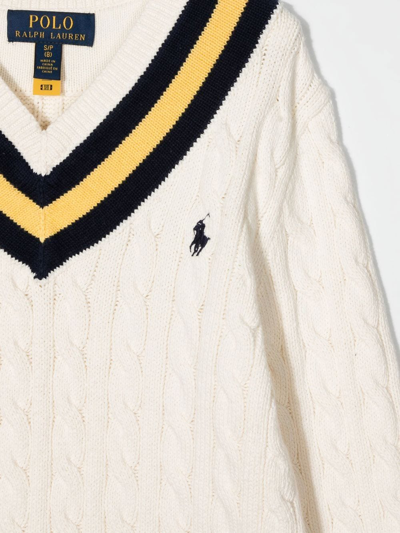 Shop Ralph Lauren Striped V-neck Cable-knit Jumper In Weiss