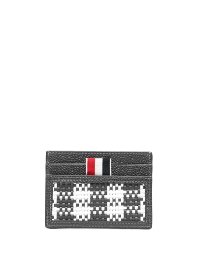 Shop Thom Browne Woven-check Leather Cardholder In Grey