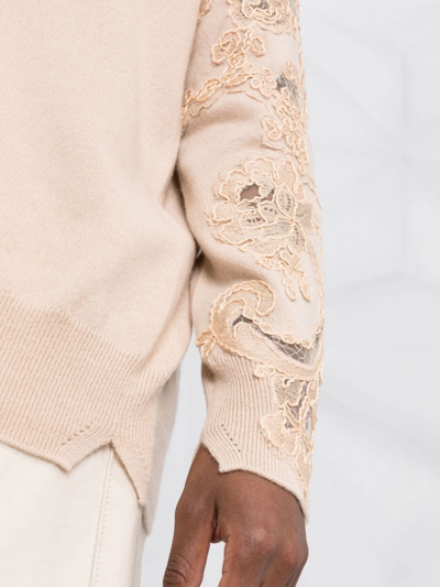 Shop Ermanno Scervino Lace-panelled Cashmere Cardigan In Nude