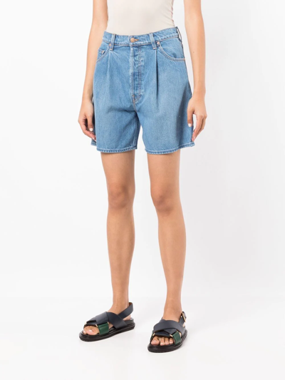 Mother The Fun Dip Pleated Denim Shorts In Blue