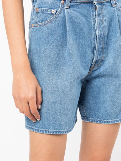 Mother The Fun Dip Pleated Denim Shorts In Blue
