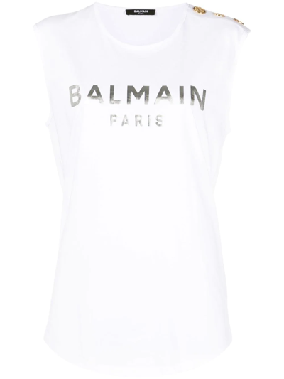 Shop Balmain Metallic-logo Sleeveless T-shirt In Weiss