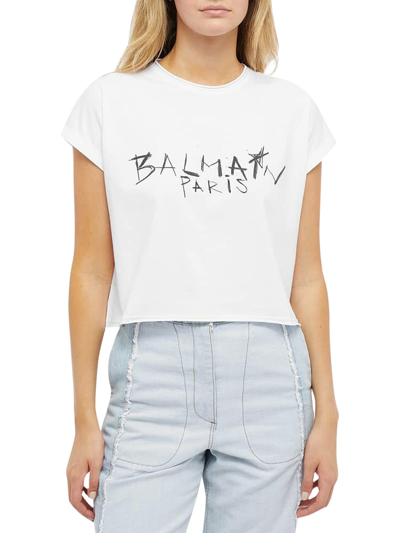 Shop Balmain T-shirt Raw Edge Crop In White