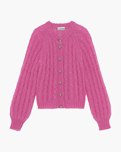 Shop Ganni Women's Mohair Cable-knit Cardigan In Phlox Pink
