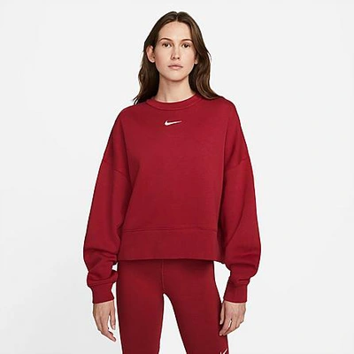 Shop Nike Women's Sportswear Collection Essentials Oversized Fleece Crewneck Sweatshirt In Pomegranate/white