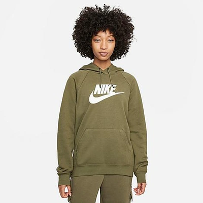 Shop Nike Women's Sportswear Essential Fleece Pullover Hoodie In Medium Olive/white