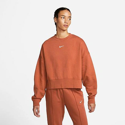 Shop Nike Women's Sportswear Collection Essentials Oversized Fleece Crewneck Sweatshirt In Burnt Sunrise/white