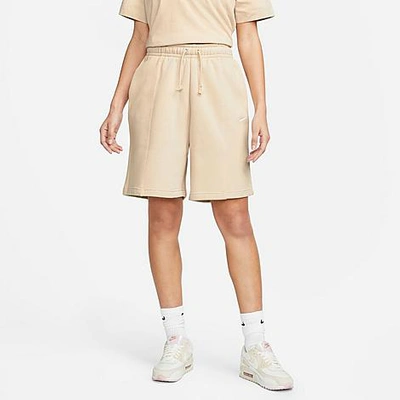 Shop Nike Women's Sportswear Essential High-rise Fleece Shorts In Sanddrift/white