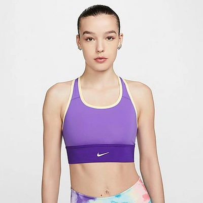Shop Nike Women's Dri-fit Swoosh Medium-support One-piece Padded Longline Sports Bra In Psychic Purple/electro Purple/melon Tint/melon Tint