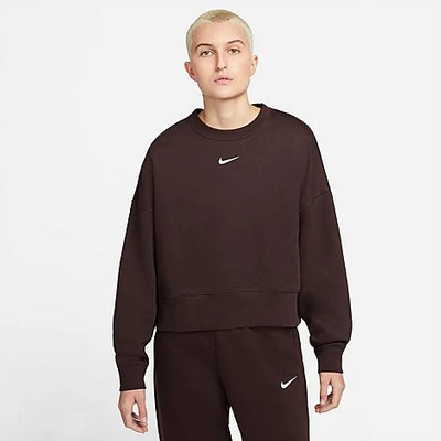 Shop Nike Women's Sportswear Collection Essentials Oversized Fleece Crewneck Sweatshirt In Brown Basalt/white