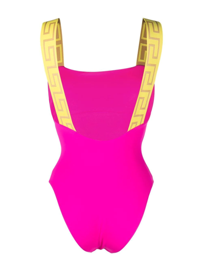 Shop Versace Greca-pattern Scoop-back Swimsuit In Pink