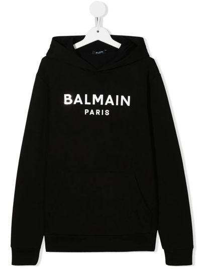Shop Balmain Teen Logo-print Cotton Hoodie In Black