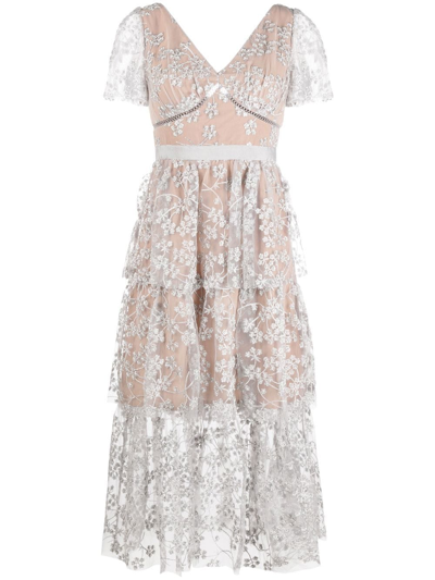 Shop Self-portrait Floral-embroidered Tulle Dress In Grey