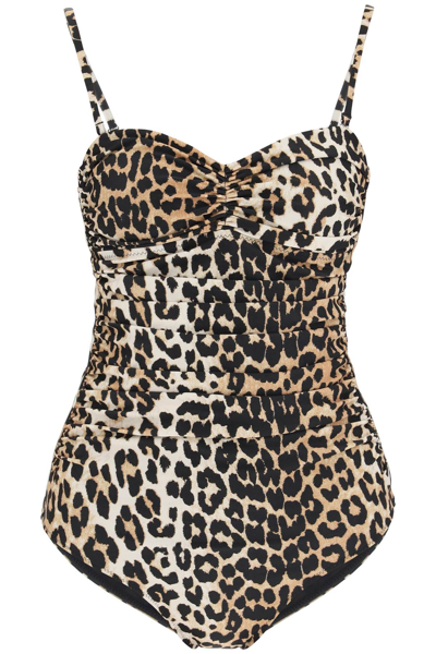 Shop Ganni Leopard Print Swimsuit In Brown