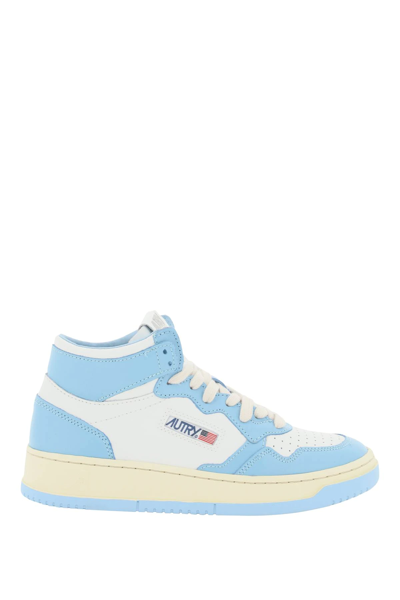Shop Autry Medalist Mid Leather Sneakers In White,light Blue