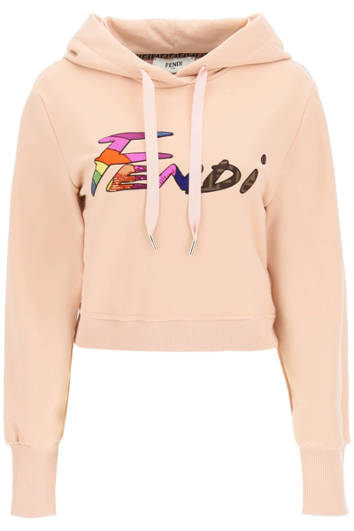 Shop Fendi Brush Cropped Hoodie In Pink