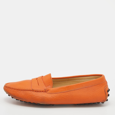 Pre-owned Tod's Orange Leather Penny Slip On Loafers Size 37