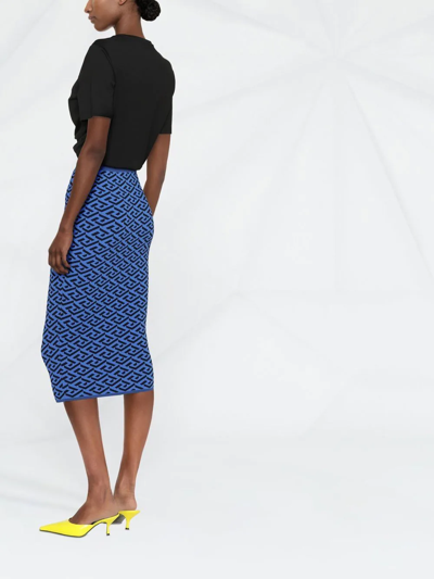 Shop Versace La Greca Pattern Knitted Skirt In Blue