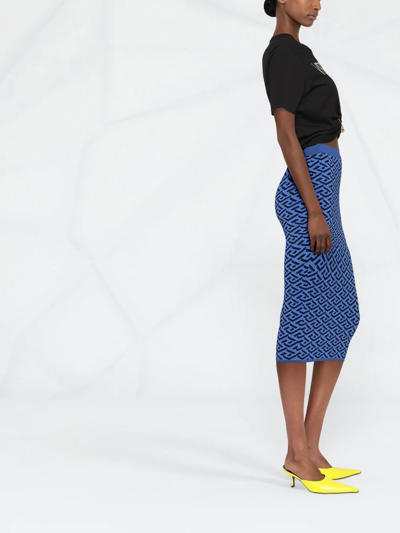 Shop Versace La Greca Pattern Knitted Skirt In Blue