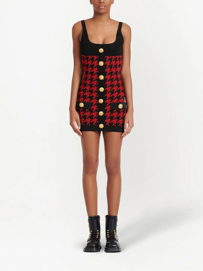 Shop Balmain Houndstooth Fitted Dress In Red