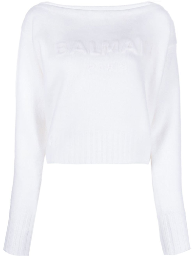 Shop Balmain Slash-neck Long-sleeve Jumper In White