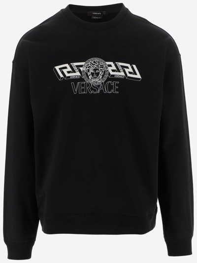 Shop Versace La Greca Cotton Jersey Sweatshirt In Nero