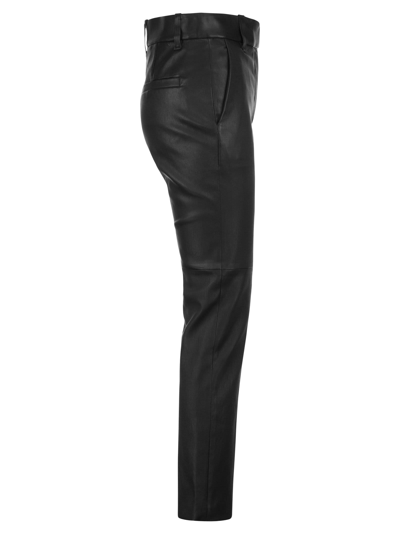 Brunello Cucinelli Women Stretch Nappa Leather Square Cigarette Trousers With Jewellery In Black