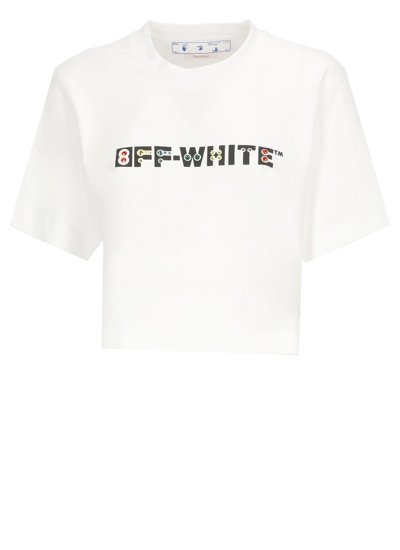 Shop Off-white Cropped T-shirt With Geometric Logo In White Multicolor
