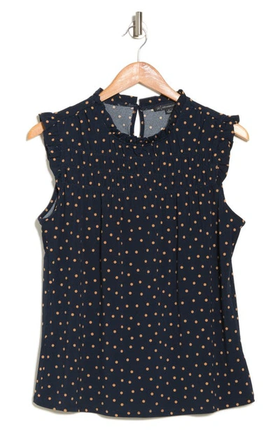 Shop Adrianna Papell Printed Ruffle High Neck Top In Navy/ Khaki Basic Dot