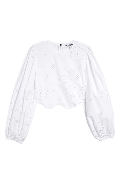 Shop Ganni Broderie Anglaise Cropped Fitted Blouse In Bright White