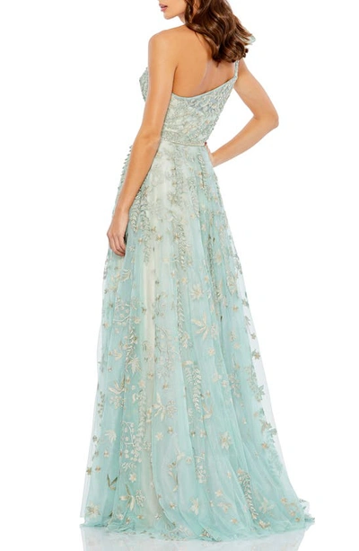 Shop Mac Duggal Floral Beaded Tulle One-shoulder Gown In Sage