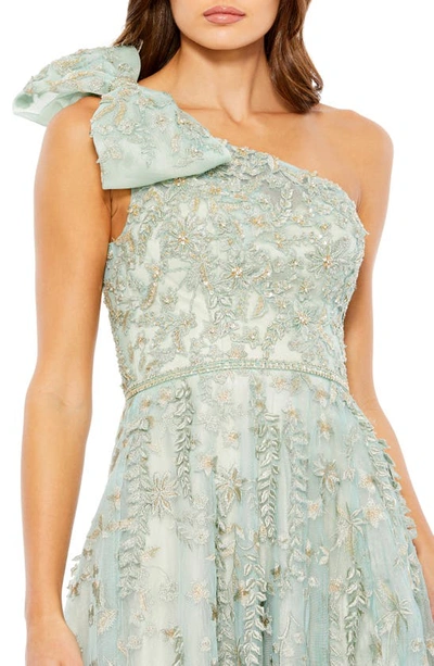 Shop Mac Duggal Floral Beaded Tulle One-shoulder Gown In Sage