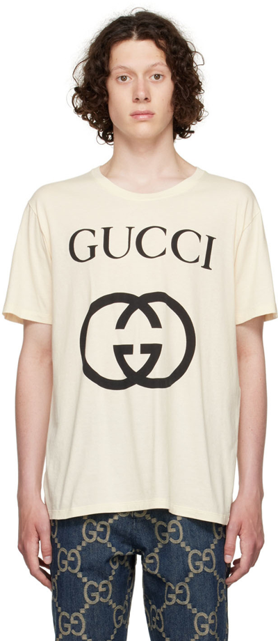 Shop Gucci Off-white Cotton T-shirt In 7561 Sunkissed/black