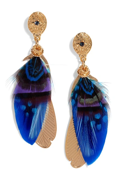 Shop Gas Bijoux Small Sao Feather Earrings In Blue Mix