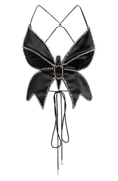 Shop Area Crystal Butterfly Satin Crop Top In Black