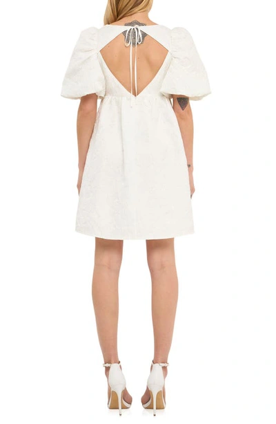 Endless Rose Open Back Floral Jacquard Puff Sleeve Minidress In White