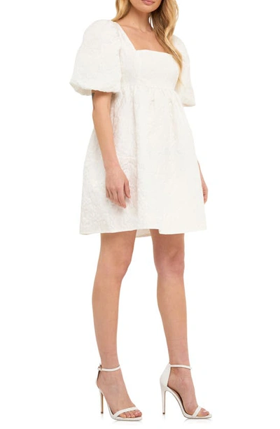 Endless Rose Open Back Floral Jacquard Puff Sleeve Minidress In White
