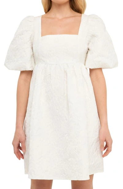 Endless Rose Open Back Floral Jacquard Puff Sleeve Minidress In White