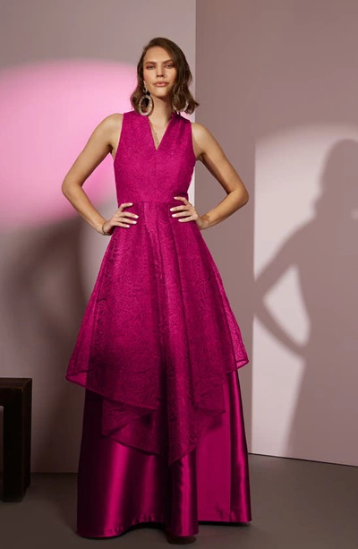 Shop Kay Unger Tamara Satin & Lace Gown In Vivid Berry