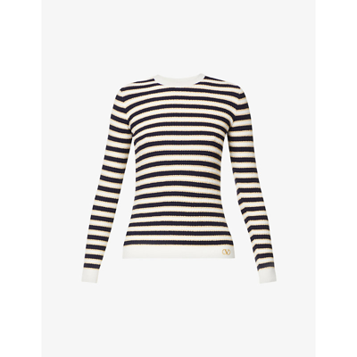 Shop Valentino Striped Long-sleeved Knitted Top In Avorio Navy Oro