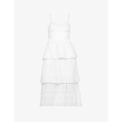 Shop Self-portrait Broderie Anglaise Tiered Cotton Midi Dress In White