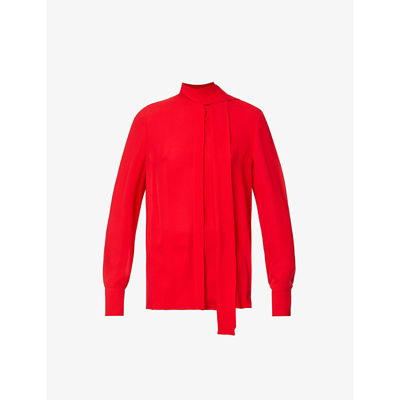 Shop Valentino Tie-neck Long-sleeved Silk Blouse In Rosso