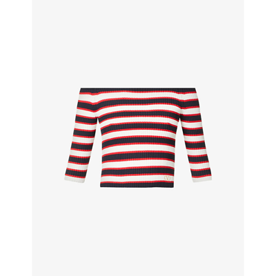 Shop Valentino Striped Off-the-shoulder Cotton-blend Top In Navy Avorio Rosso