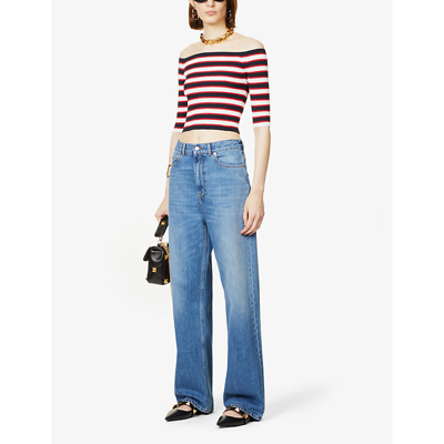 Shop Valentino Striped Off-the-shoulder Cotton-blend Top In Navy Avorio Rosso