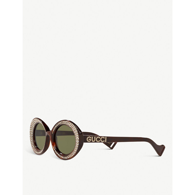 Shop Gucci Women's Green Gg0618s 54 Crystal-studded Oval Acetate Sunglasses