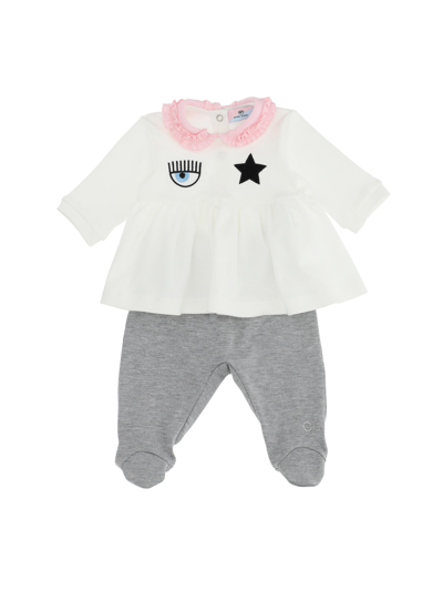 Chiara Ferragni Embroidered Cotton Blouse And Trouser Set In Cream + Grey