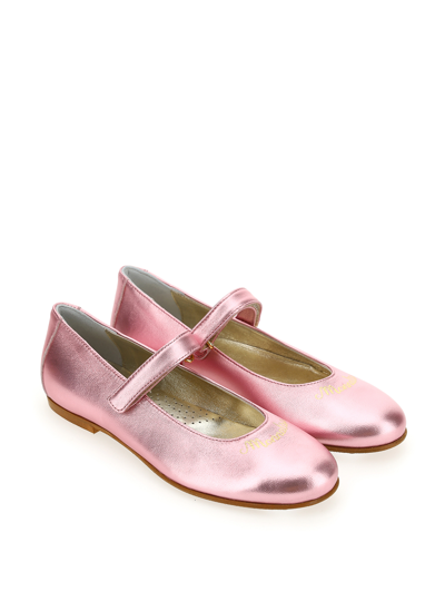 Shop Monnalisa Nappa Ballet Flats With Logo In Blush Pink