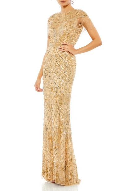 Shop Mac Duggal Sequin Fringe Detail Gown With Train In Light Gold